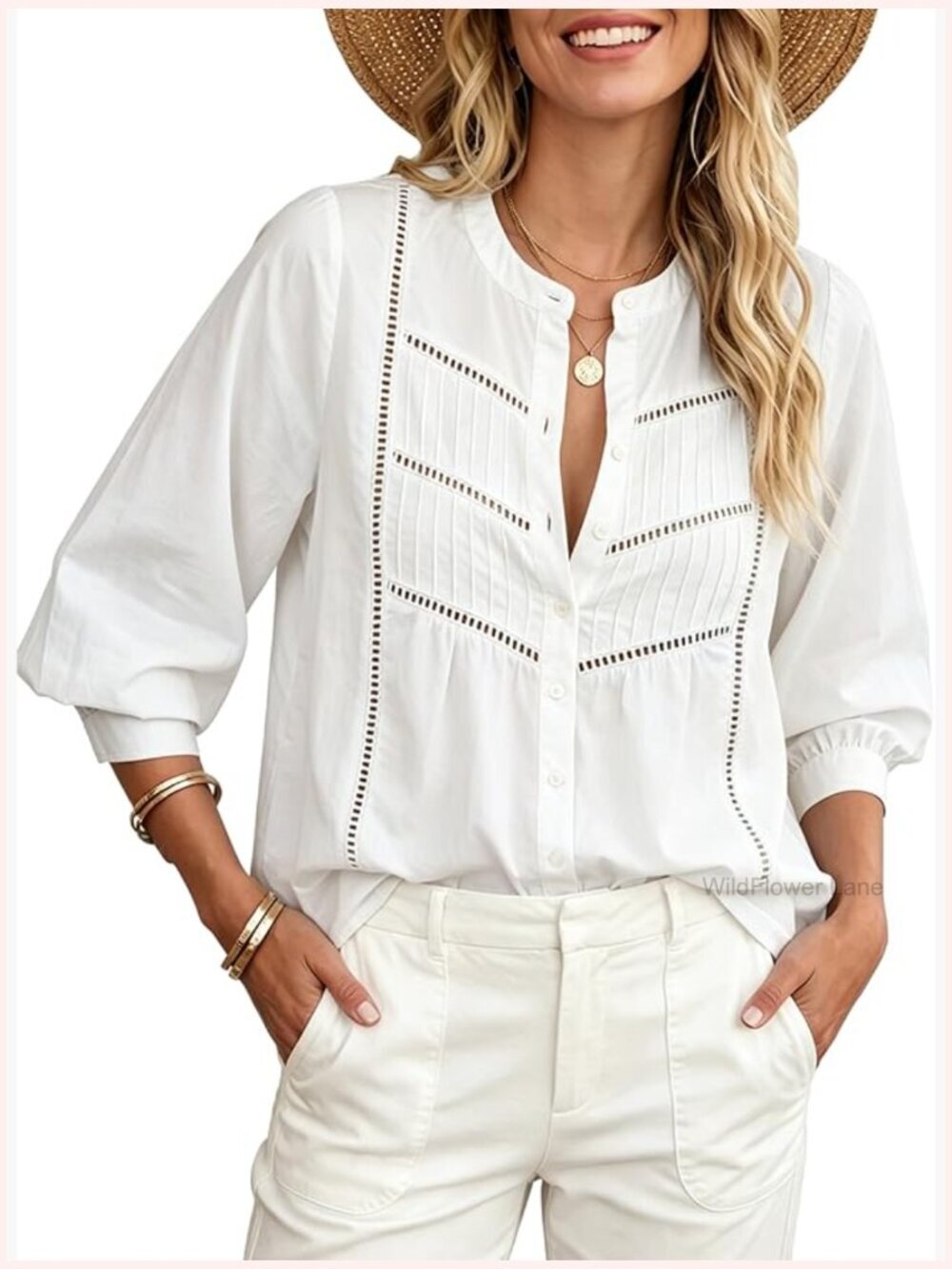 Women's Button Down Cotton Lace Blouse 3/4 Sleeve Casual Top